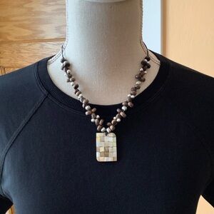 Artisan Handmade Shell Pendant Cord Necklace Wood Beaded Choker